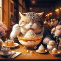 アニメ＆油絵風巨大プリンアラモード食べる猫 3枚目
