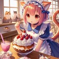 アニメ＆油絵風巨大プリンアラモード食べる猫 8枚目