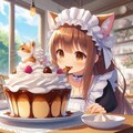 アニメ＆油絵風巨大プリンアラモード食べる猫 6枚目