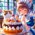 アニメ＆油絵風巨大プリンアラモード食べる猫 5枚目