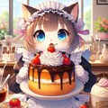 アニメ＆油絵風巨大プリンアラモード食べる猫 7枚目