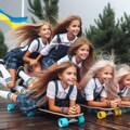 ウクライナ人の美人の女子小中学生の集団が上下に何人もがうつ伏せに重なりながらスケボーで走っている（台風の中））（下を向く）（全身撮影）（雨を食べる）（苦悶表情） 8枚目