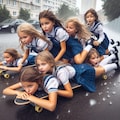 ウクライナ人の美人の女子小中学生の集団が上下に何人もがうつ伏せに重なりながらスケボーで走っている（台風の中））（下を向く）（全身撮影）（雨を食べる）（苦悶表情） 6枚目