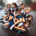 ウクライナ人の美人の女子小中学生の集団が上下に何人もがうつ伏せに重なりながらスケボーで走っている（台風の中））（下を向く）（全身撮影）（雨を食べる）（苦悶表情） 7枚目