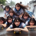 ウクライナ人の美人の女子小中学生の集団が上下に何人もがうつ伏せに重なりながらスケボーで走っている（台風の中））（下を向く）（全身撮影）（雨を食べる）（苦悶表情） 2枚目