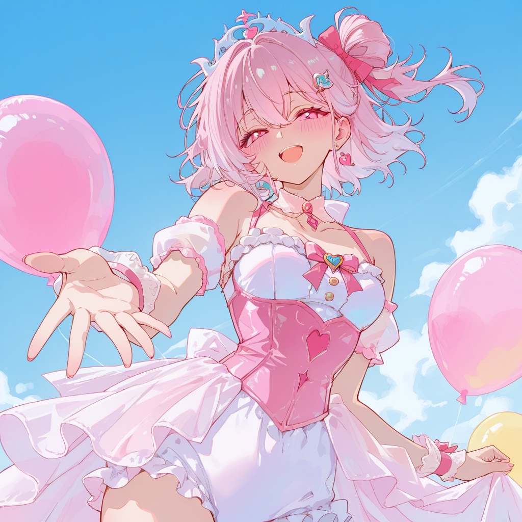 いっぱい色とりどりの風船を持つピンク髪ショートカットのお姫様