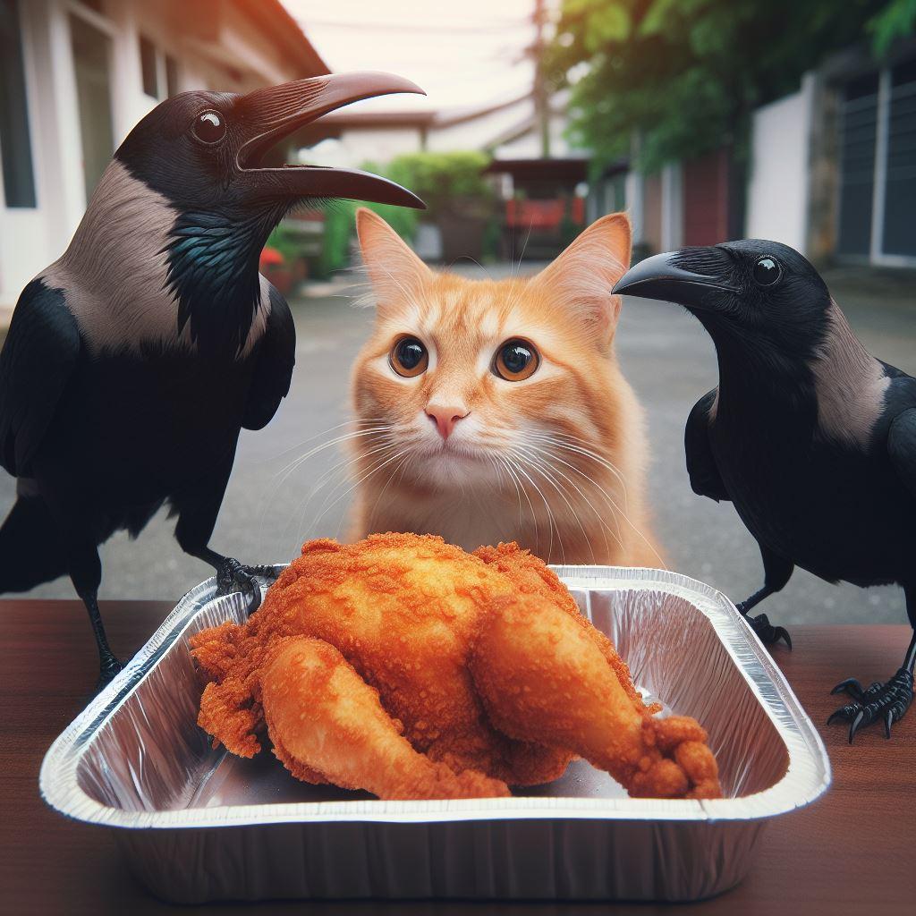 カラスに唐揚げを渡したくない猫