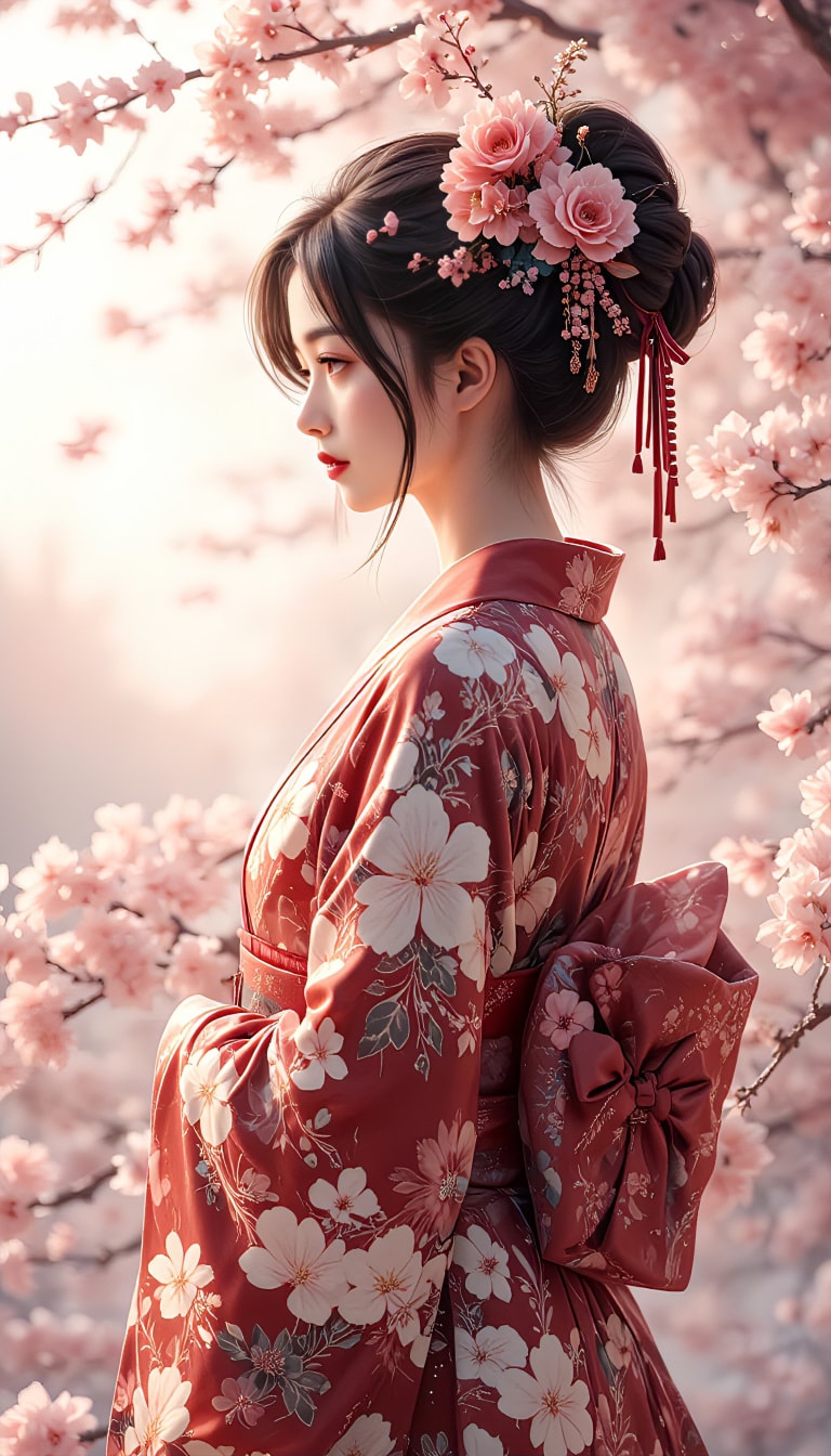桜と着物姿の君
