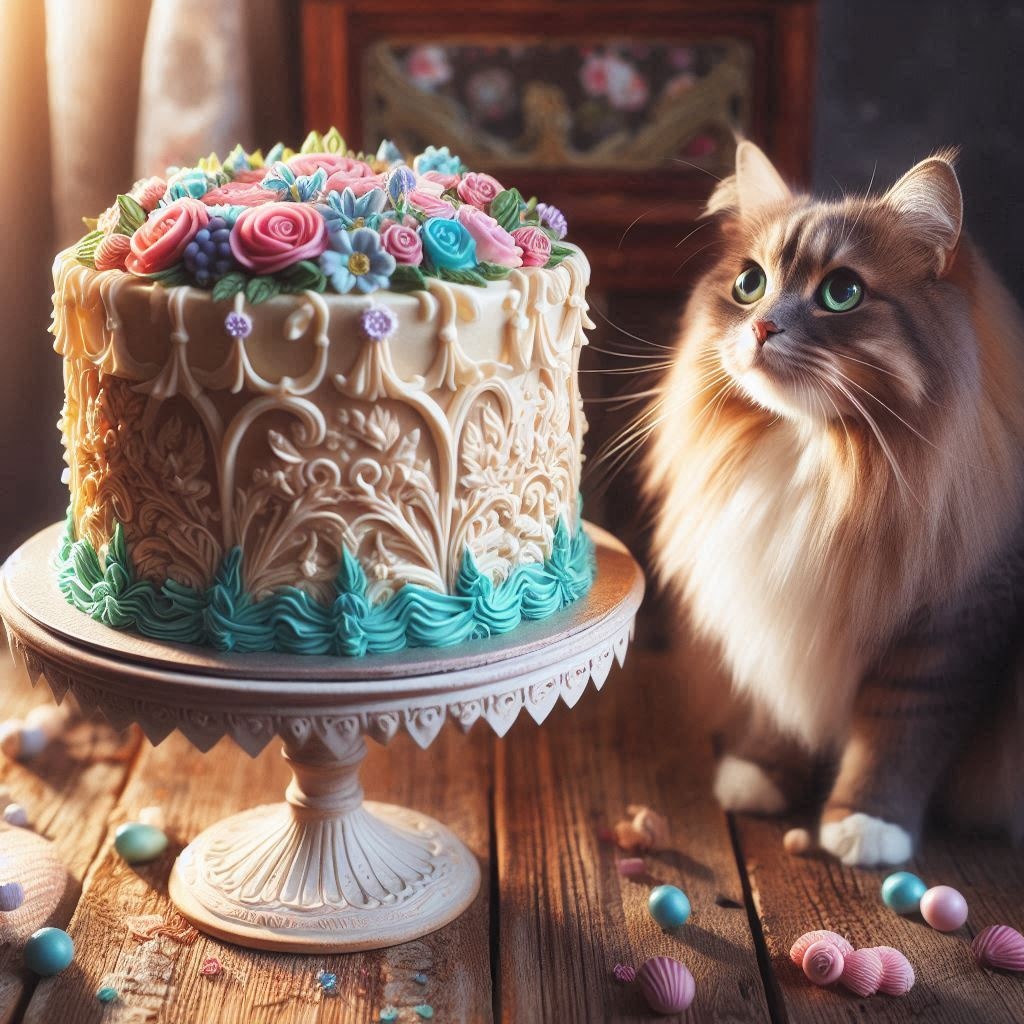 ホールケーキと猫