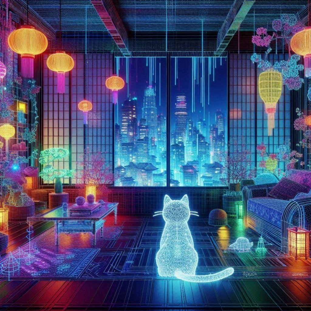 ワイヤーフレーム&アクリルサイバーパンク、ビビットカラー発光する街と猫