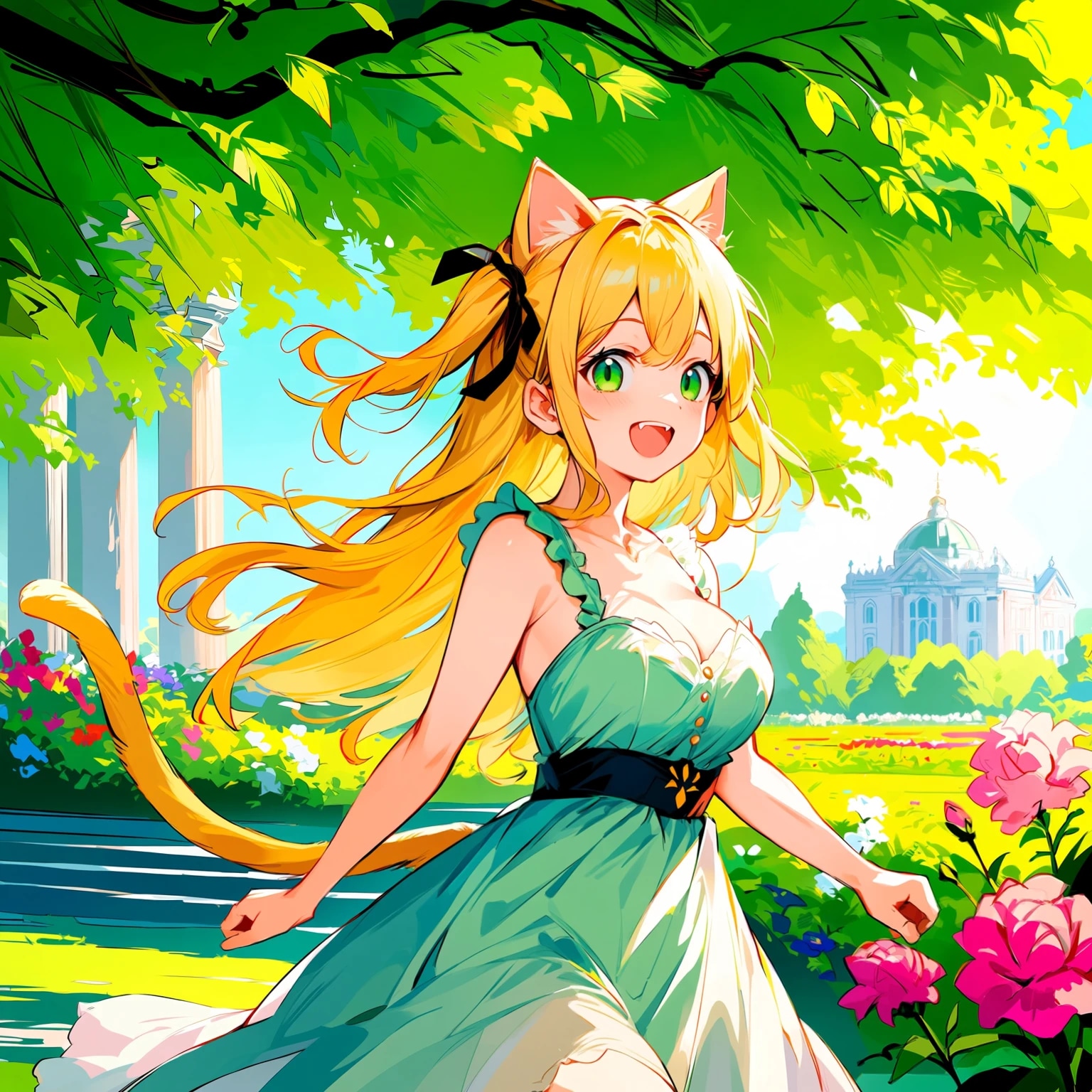 陽光の庭園を駆ける猫耳の女の子
