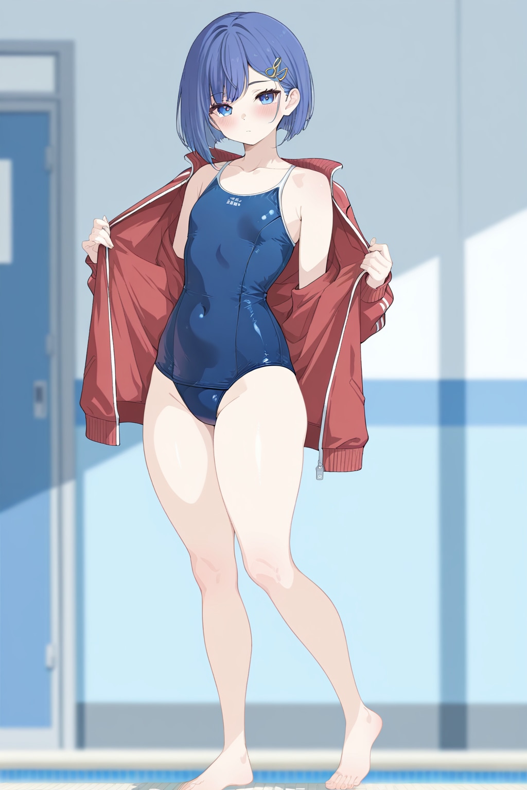 プールサイドの恥じらい貧乳スク水
