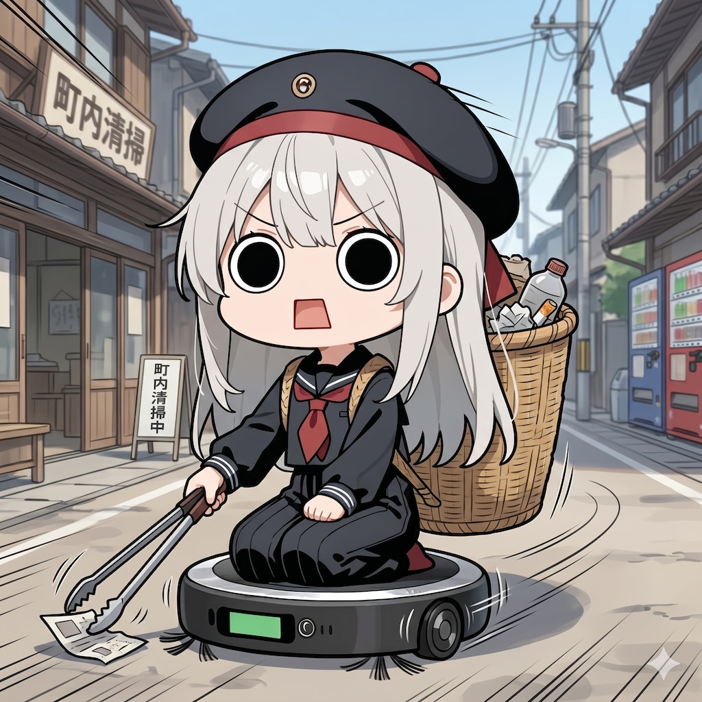 ロボット掃除機に乗って清掃活動中えらいこっちゃ嬢