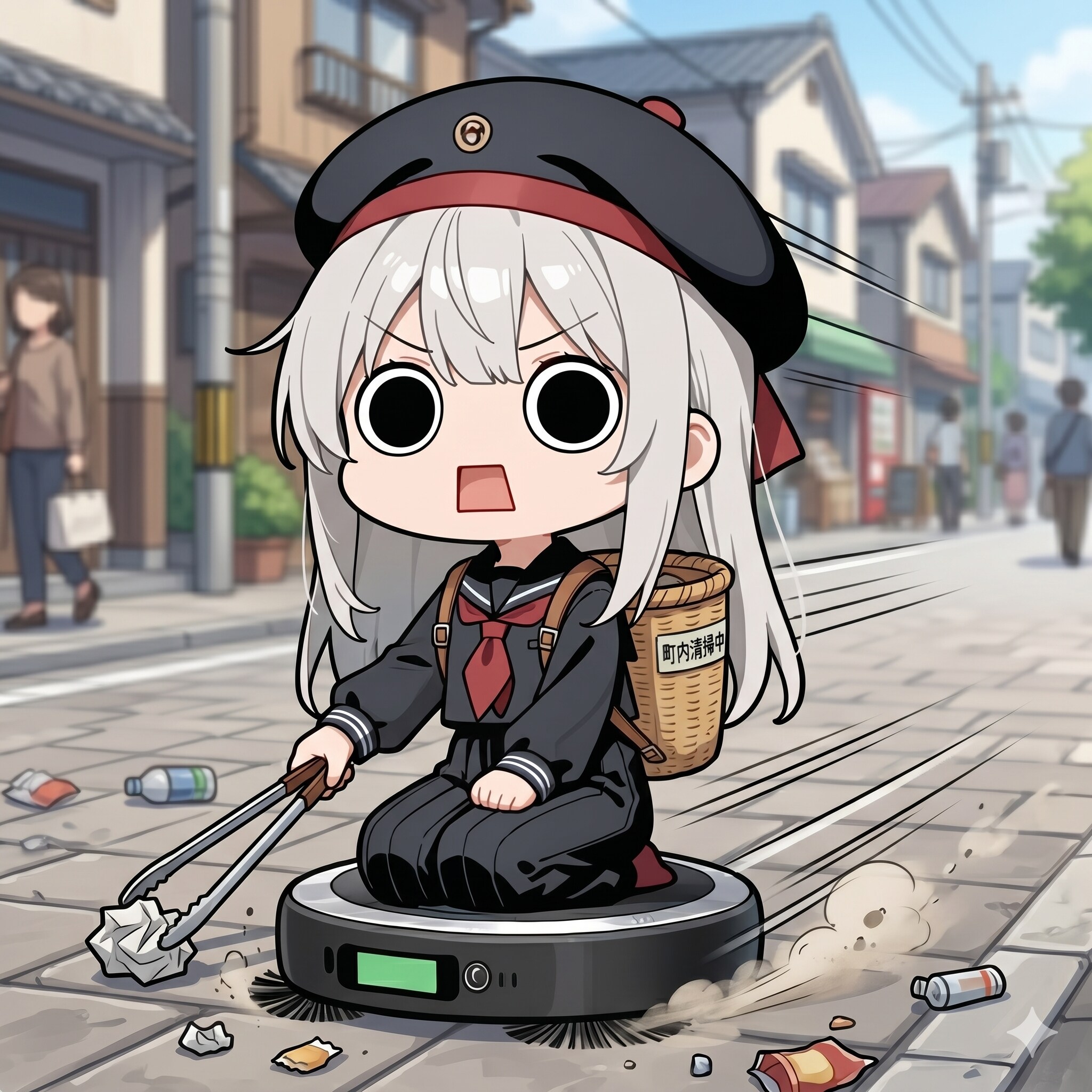 ロボット掃除機に乗って清掃活動中えらいこっちゃ嬢 | の人気AIイラスト・グラビア