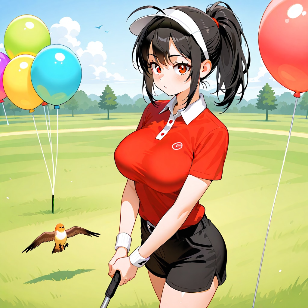 いっぱい色とりどりの風船を持つ黒髪ポニーテールのゴルフウェア着た美女