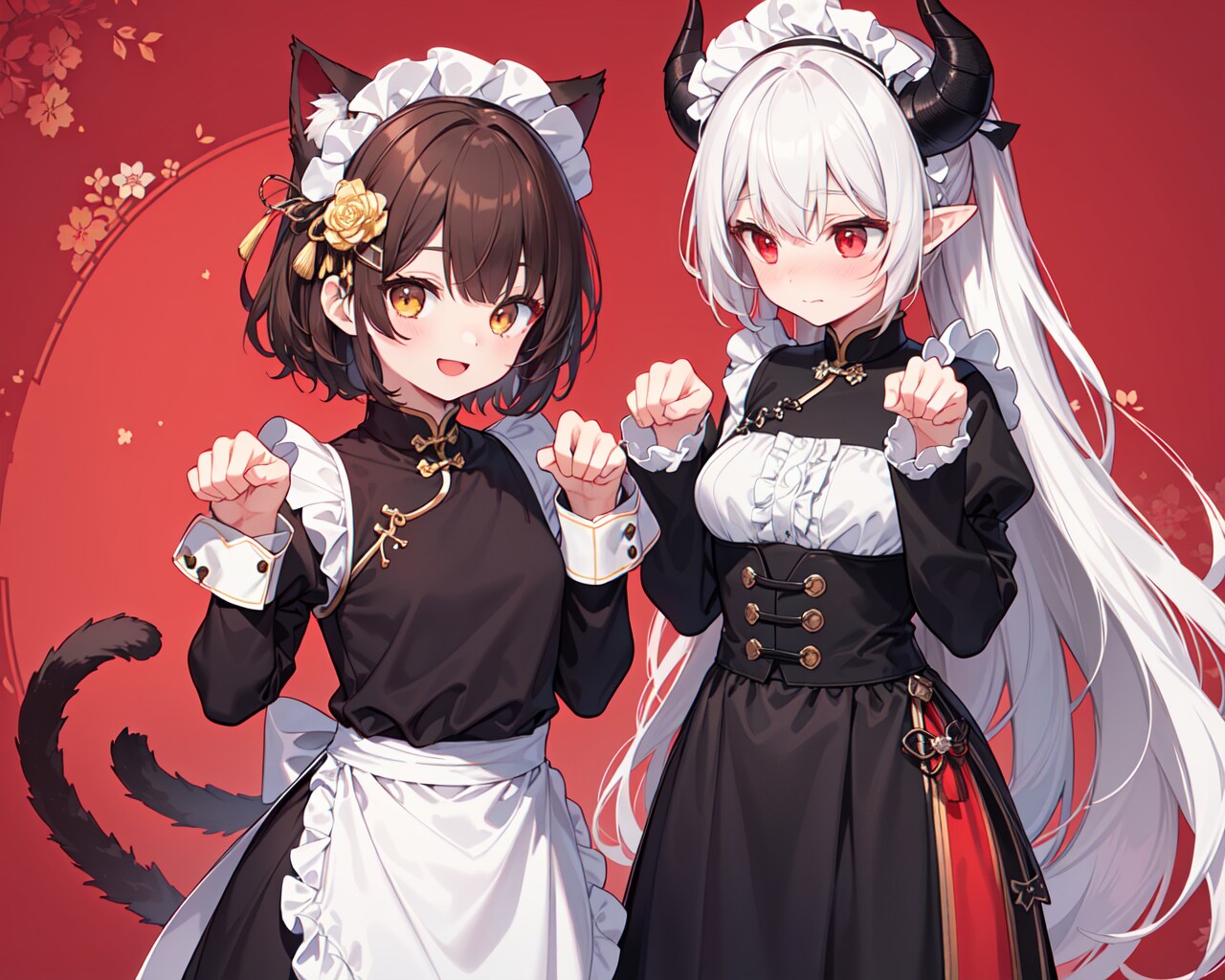 チャイナメイド服で猫のポーズにノリノリな猫娘と慣れない服とポーズに恥ずかしがる銀髪竜姫