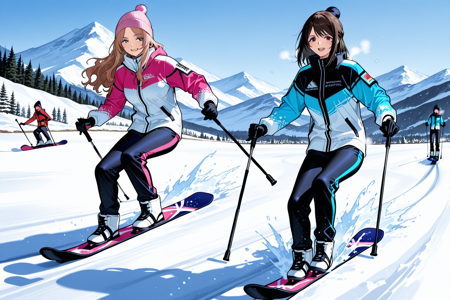 南半球のビーチで泳いだ次はゆきやまでウインタースポーツに興じる女子二人。ってスノボとスキーが混ざってるｗ | の人気AIイラスト・グラビア