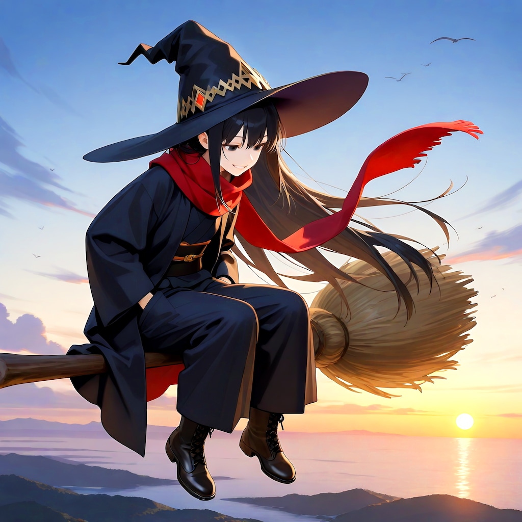 朝焼けと箒に乗って飛ぶ魔女さん