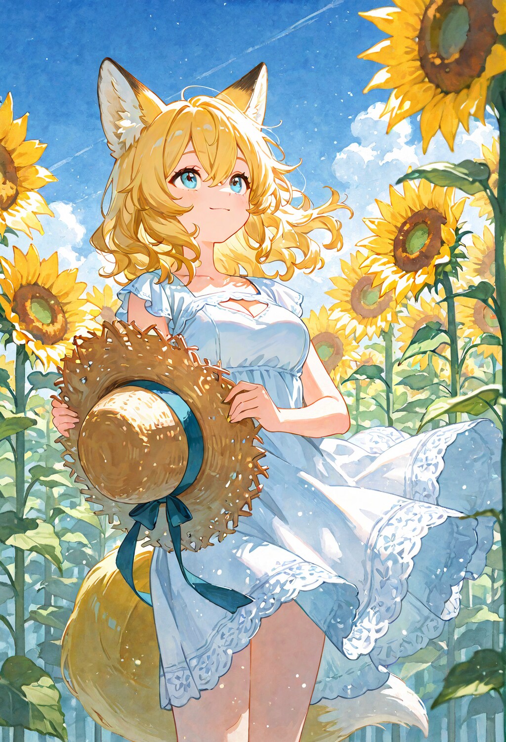 麦わら帽子と白ワンピ