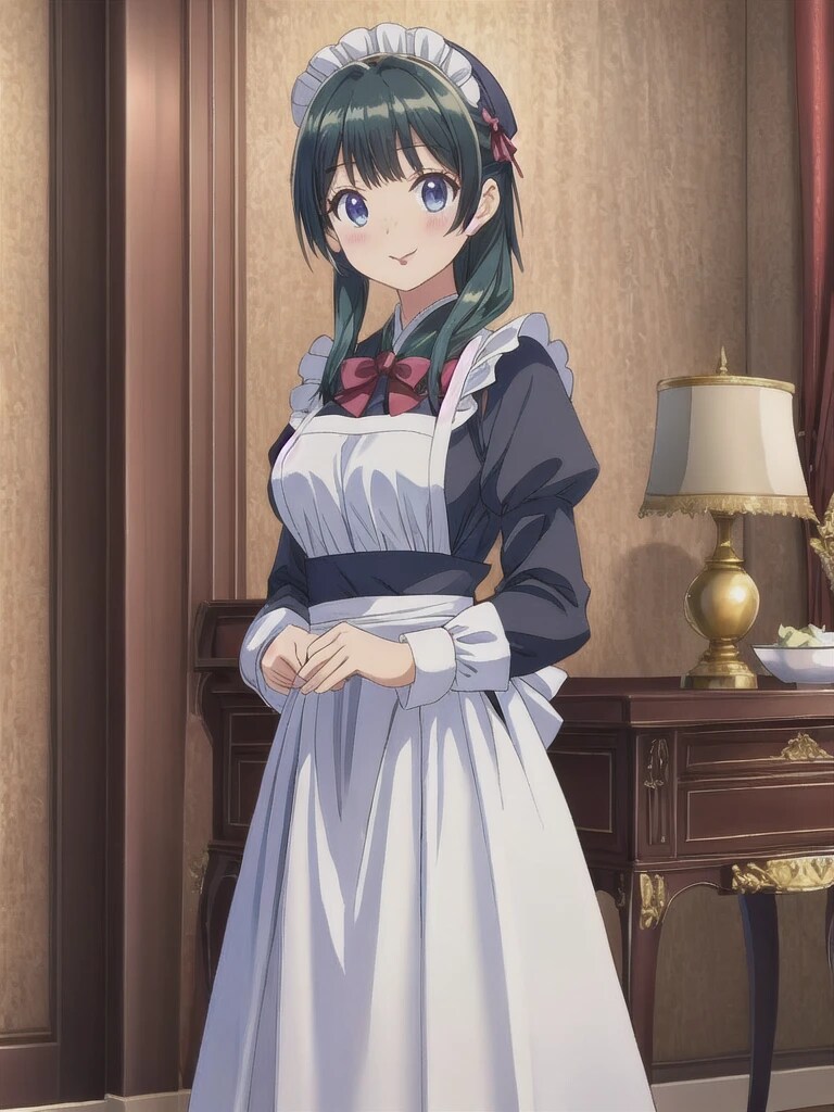 緑髪ロングでメイド服の少女 | の人気AIイラスト・グラビア