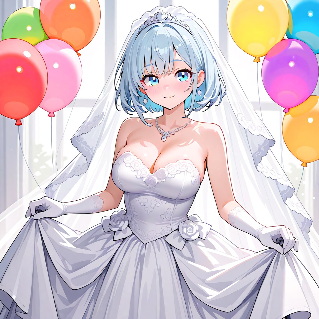 いっぱい色とりどりの風船を持つ水色髪ロングのウェディングドレス着た美女
