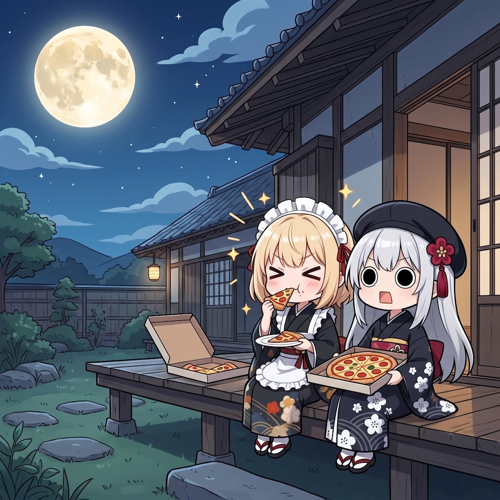 メイドさんと月見おピッツァを楽しむえらいこっちゃ嬢