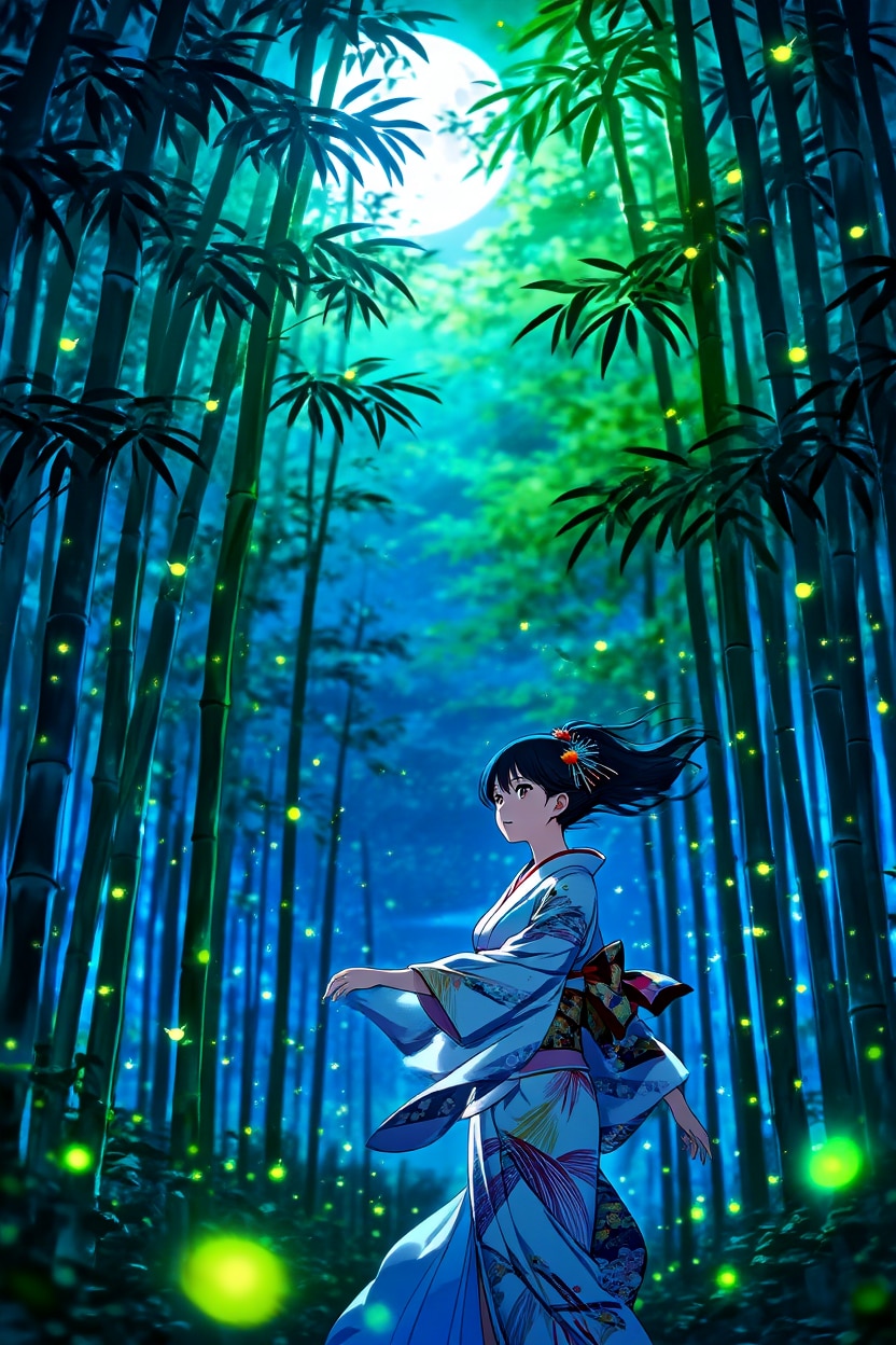 蛍と月と竹林