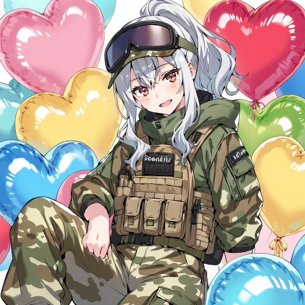 いっぱい色とりどりのハート風船を持つ銀髪ポニーテールの迷彩服着た美女