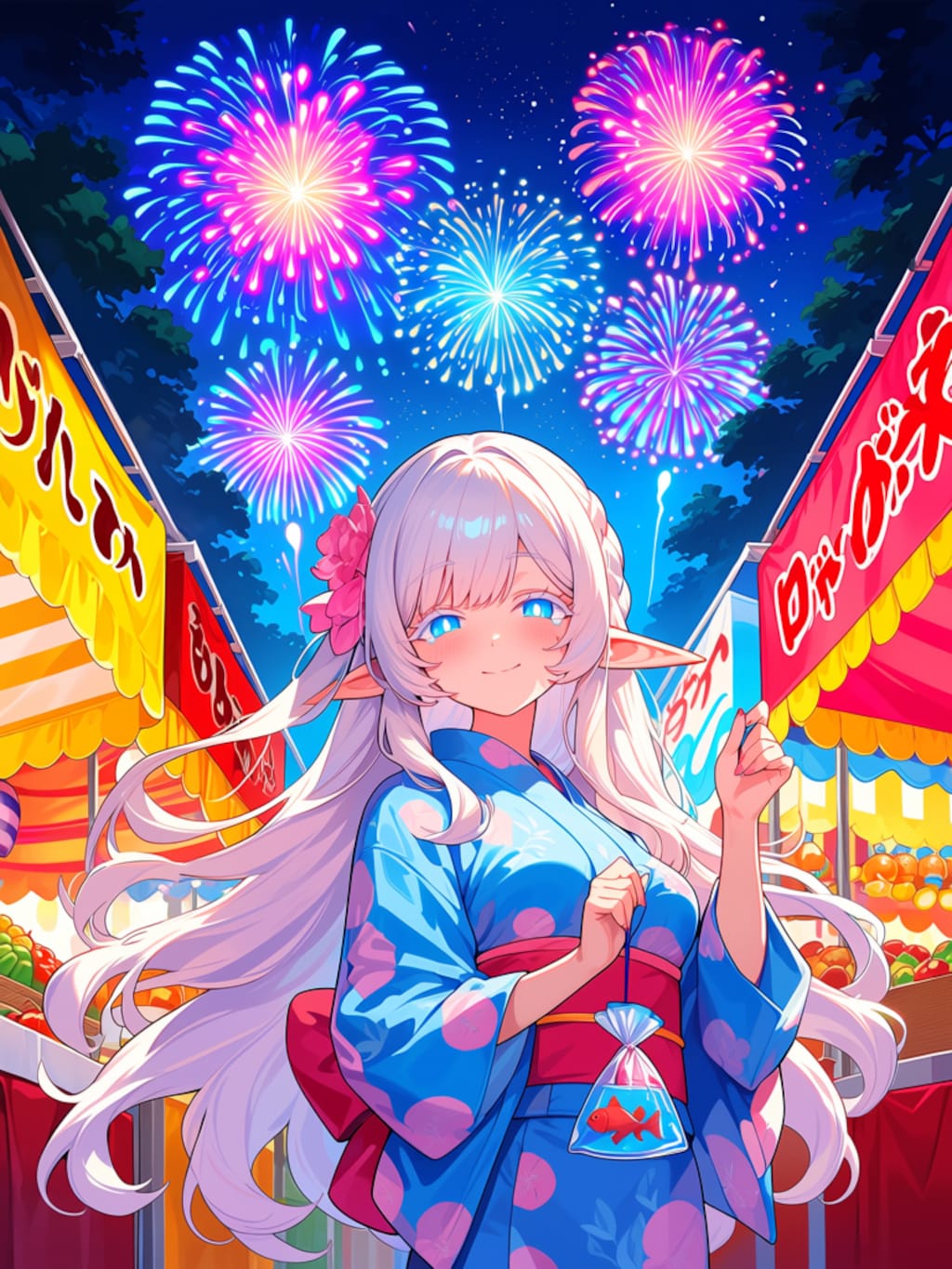 夏祭りを楽しむエルフの女の子