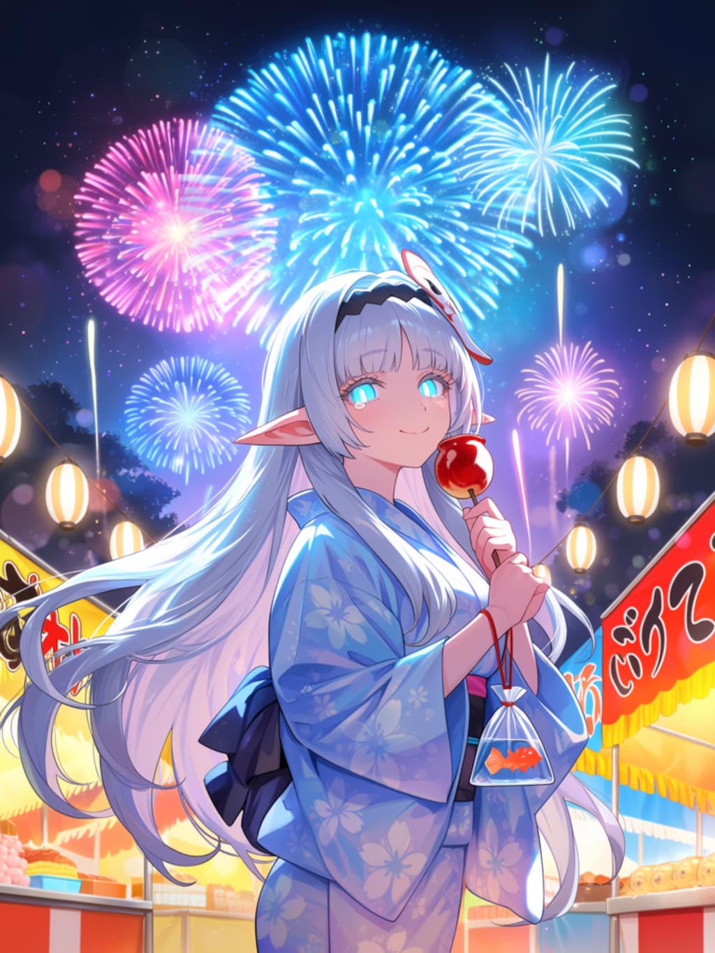 夏祭りを楽しむエルフの女の子