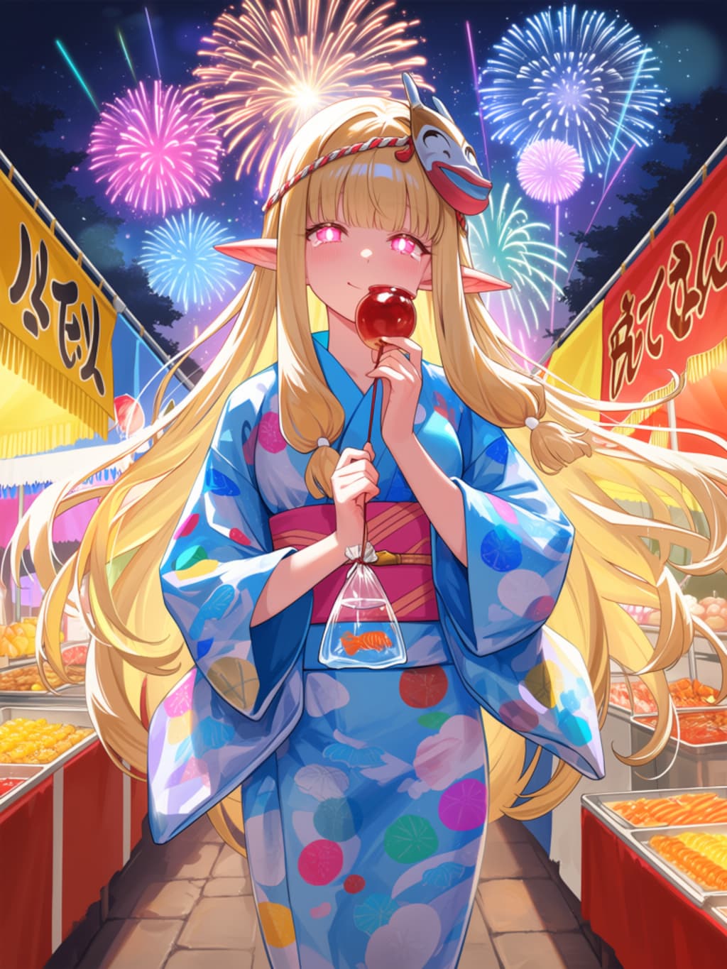 夏祭りを楽しむエルフの女の子