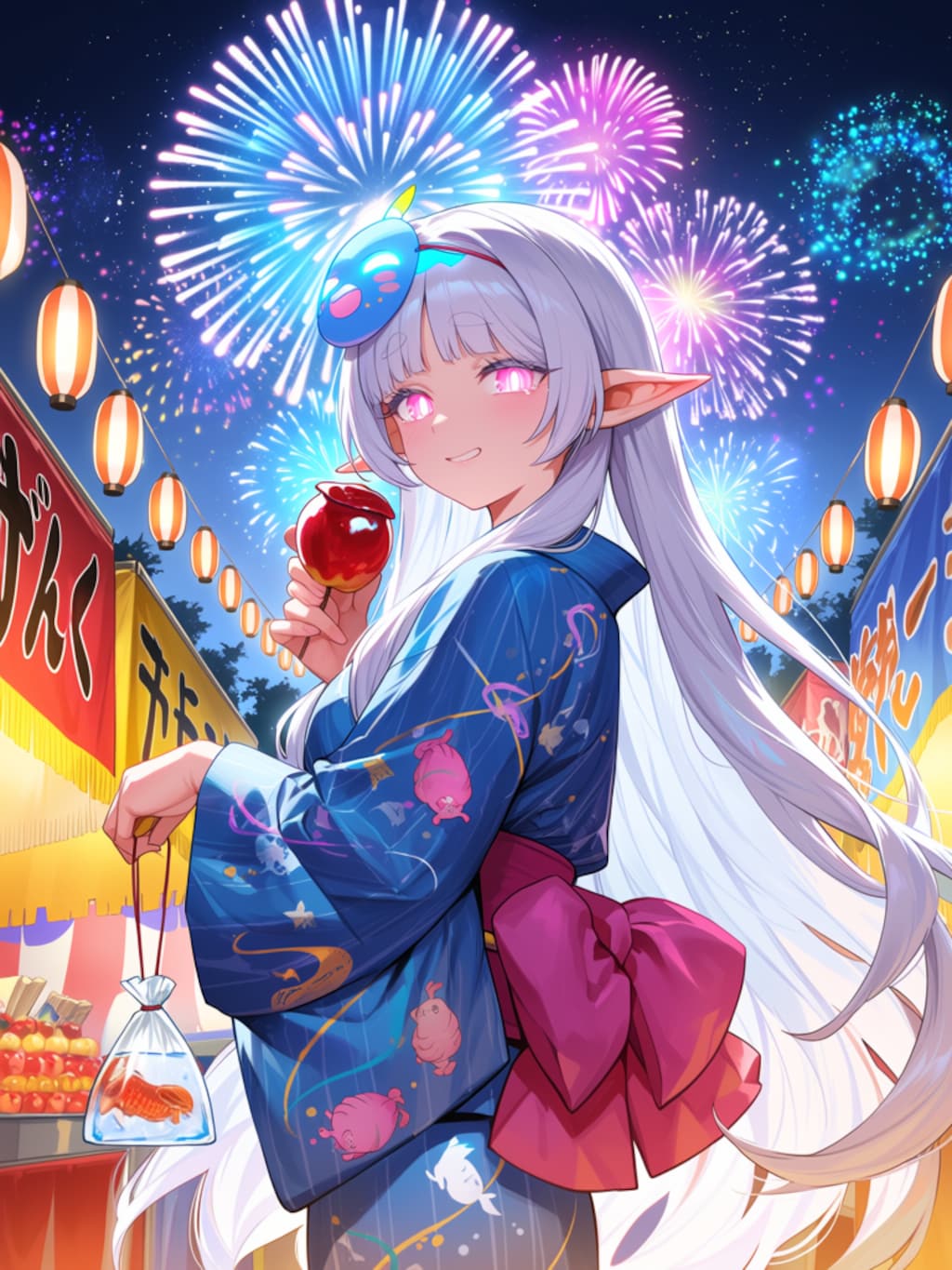夏祭りを楽しむエルフの女の子