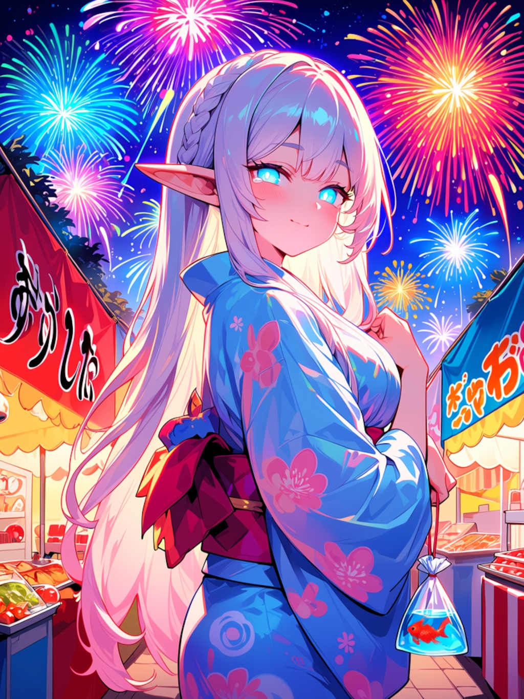 夏祭りを楽しむエルフの女の子