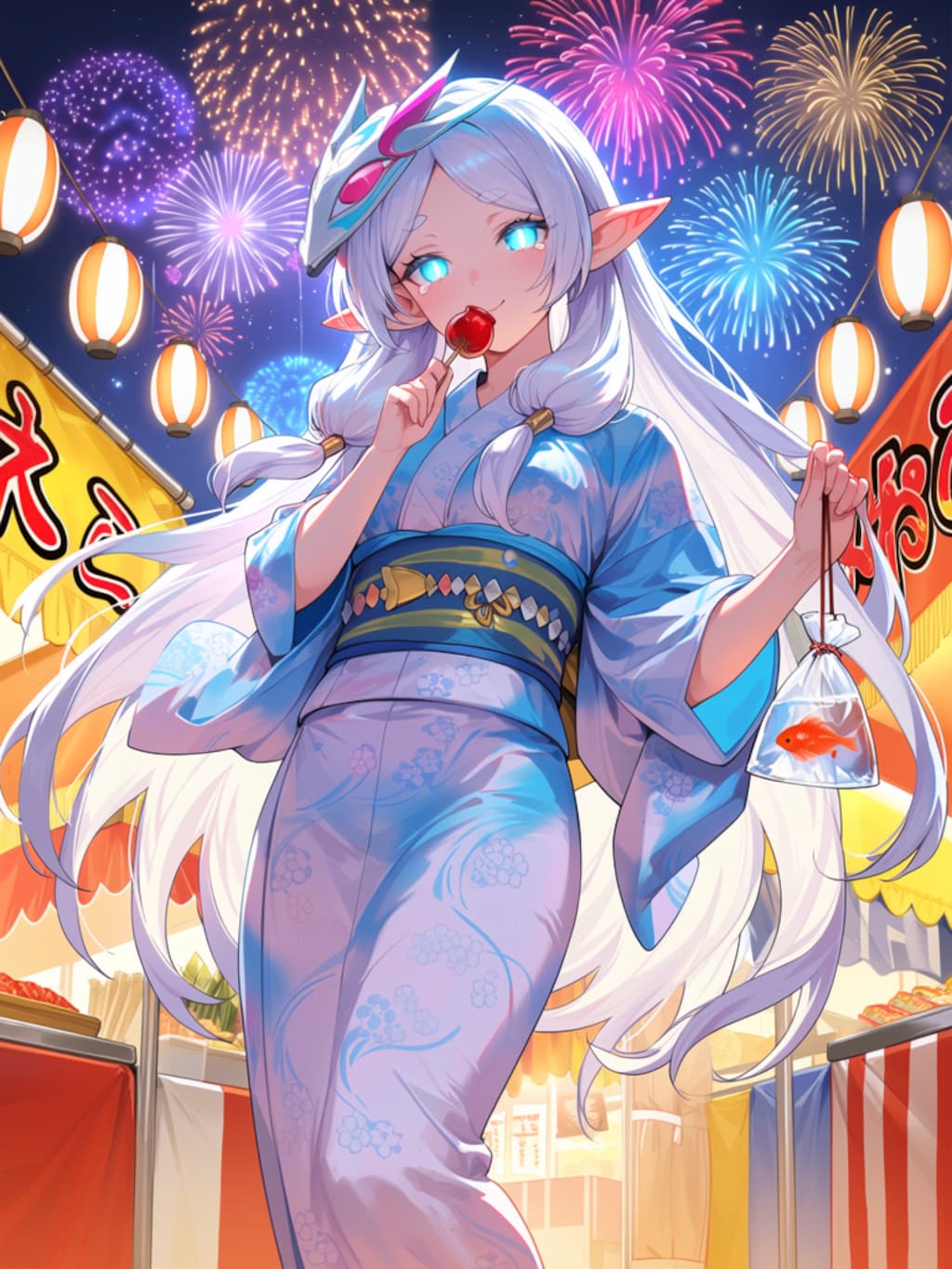 夏祭りを楽しむエルフの女の子