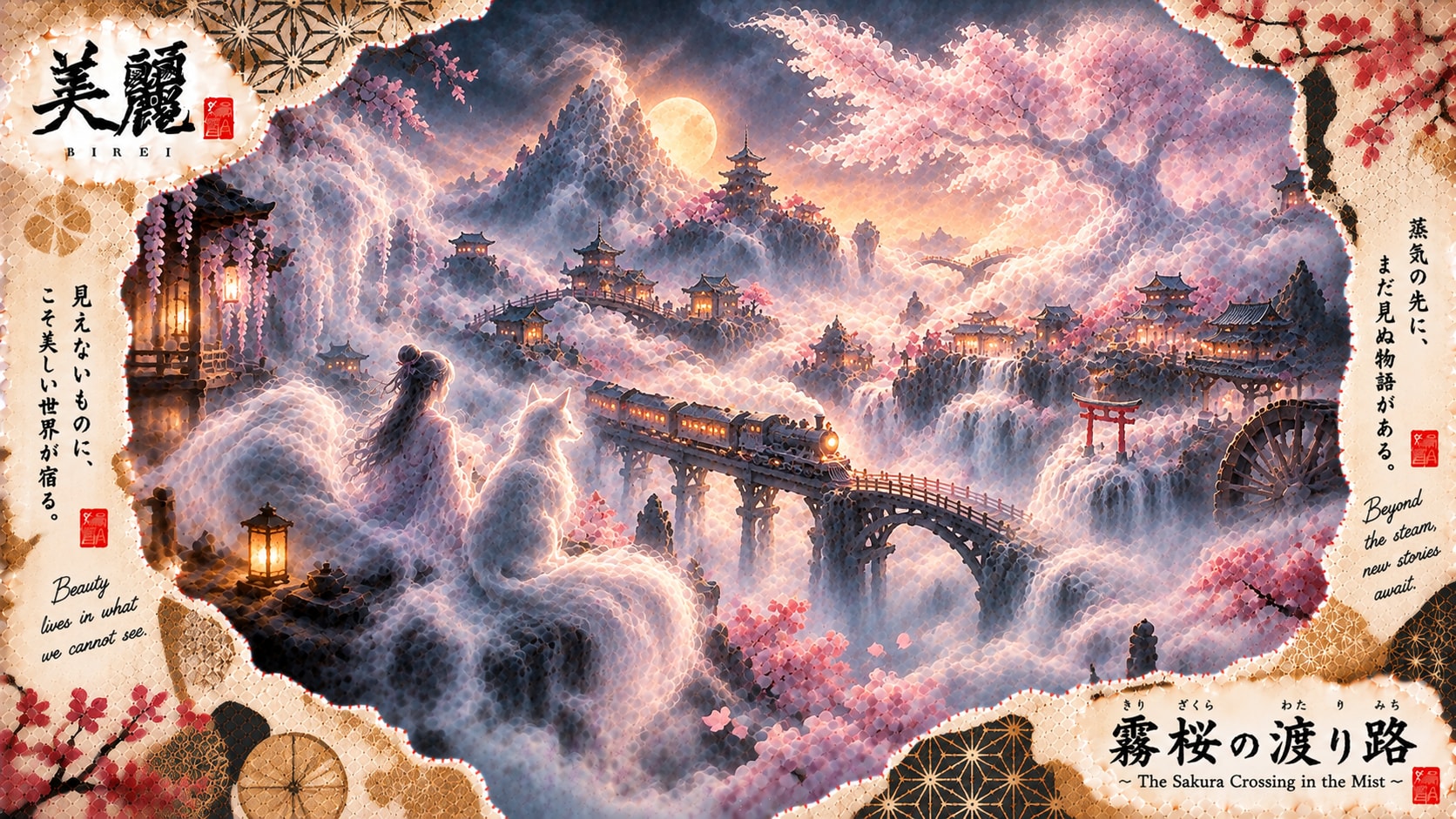 The Sakura Crossing in the Mist  Beyond the steam, new stories await.  A train crosses the stone bri | の人気AIイラスト・グラビア