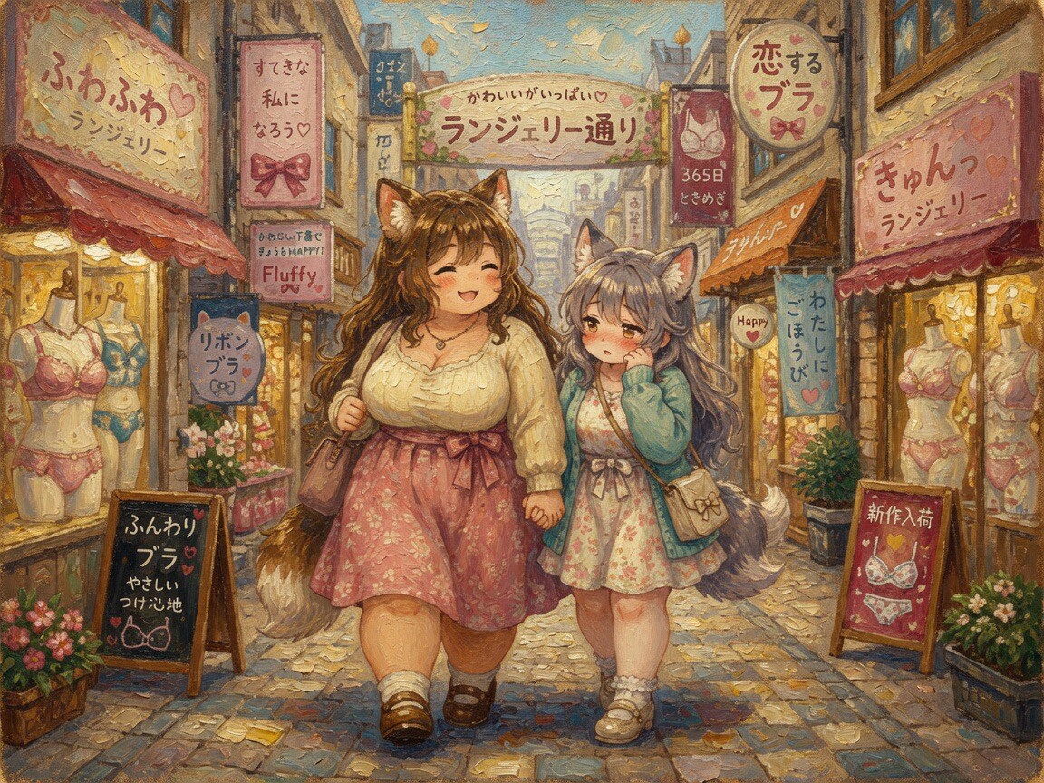 ランジェリーショップ商店街を歩くふたり
