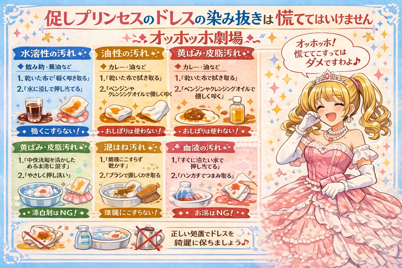 促しプリンセスのドレスの染み抜きは慌ててはいけませんのよオッホッホ劇場 | の人気AIイラスト・グラビア