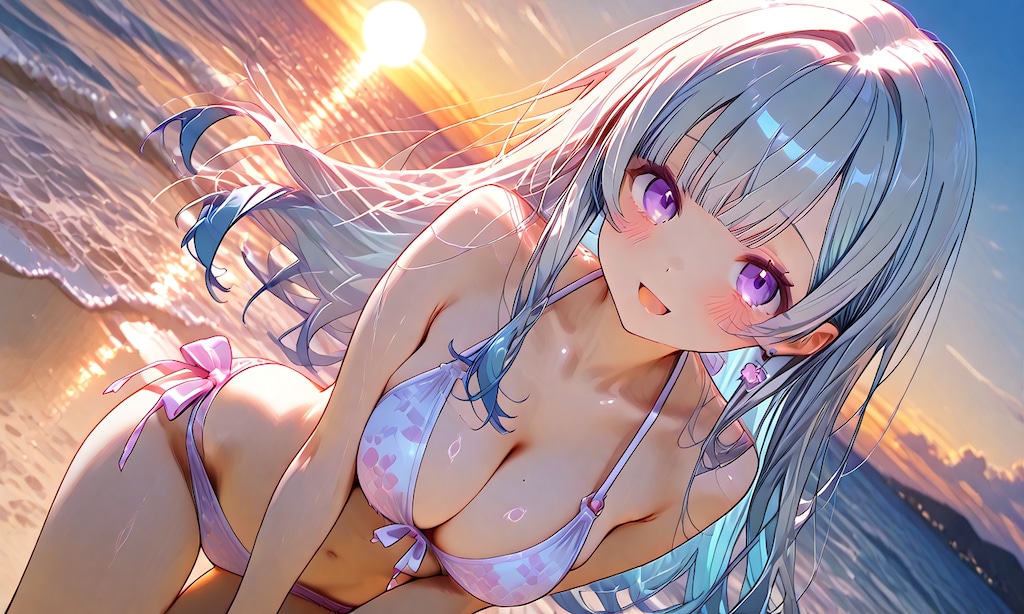 夕日の海辺で