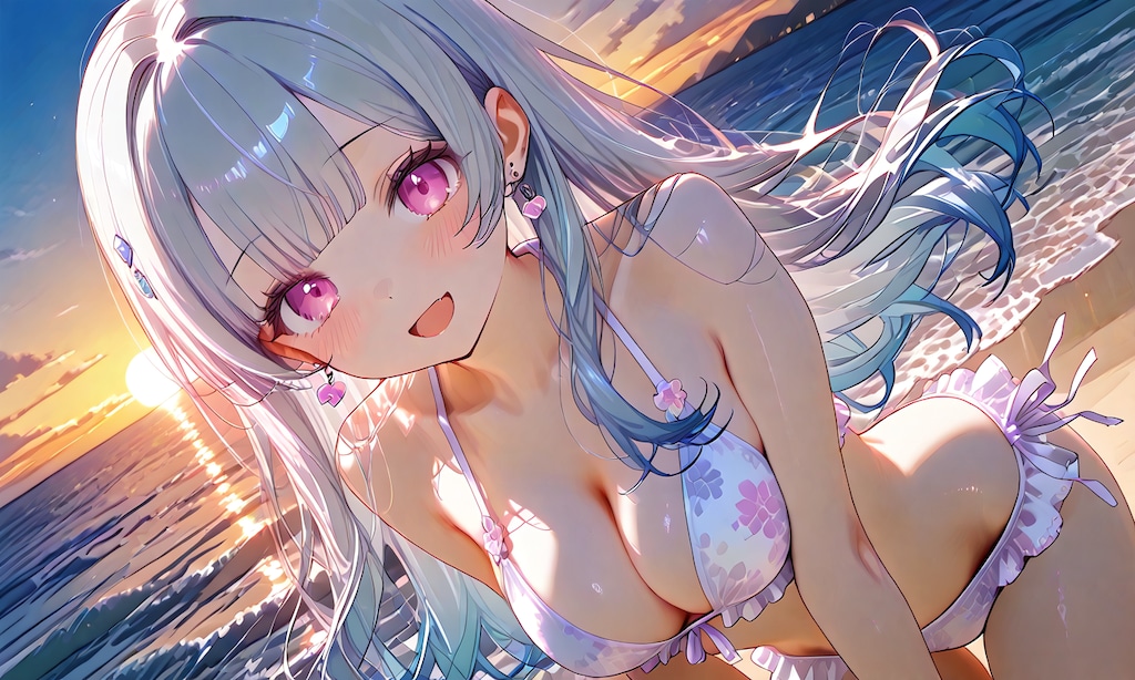 夕日の海辺で