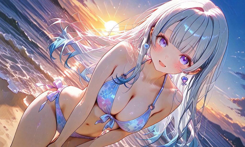 夕日の海辺で