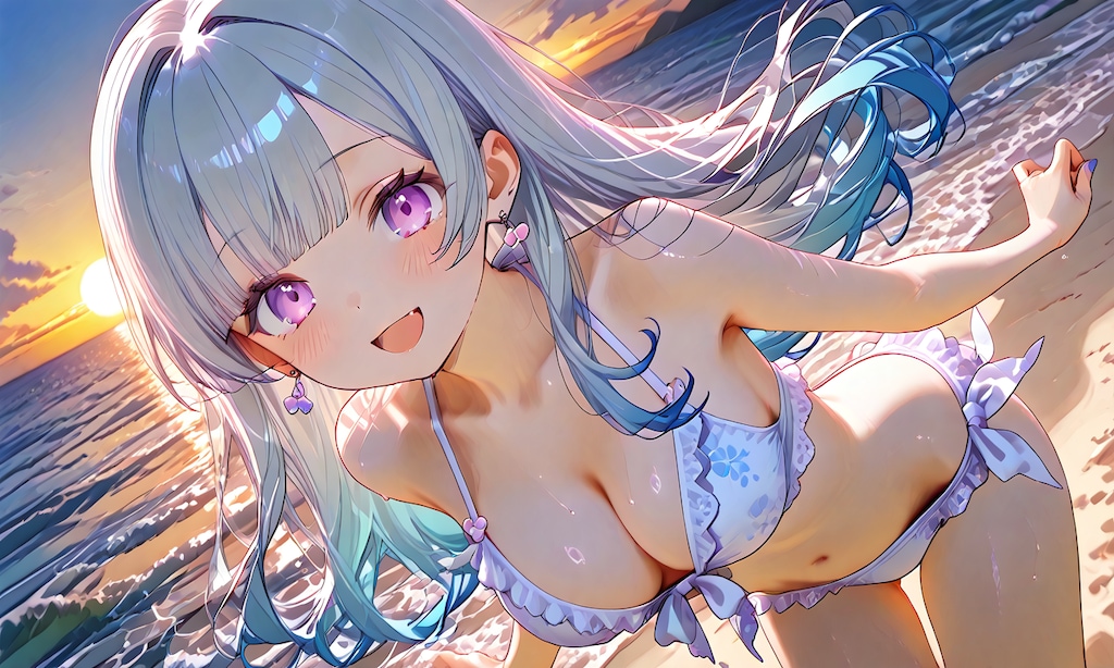 夕日の海辺で