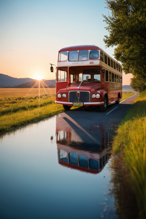 雨上がりの朝焼けとバス | の人気AIイラスト・グラビア