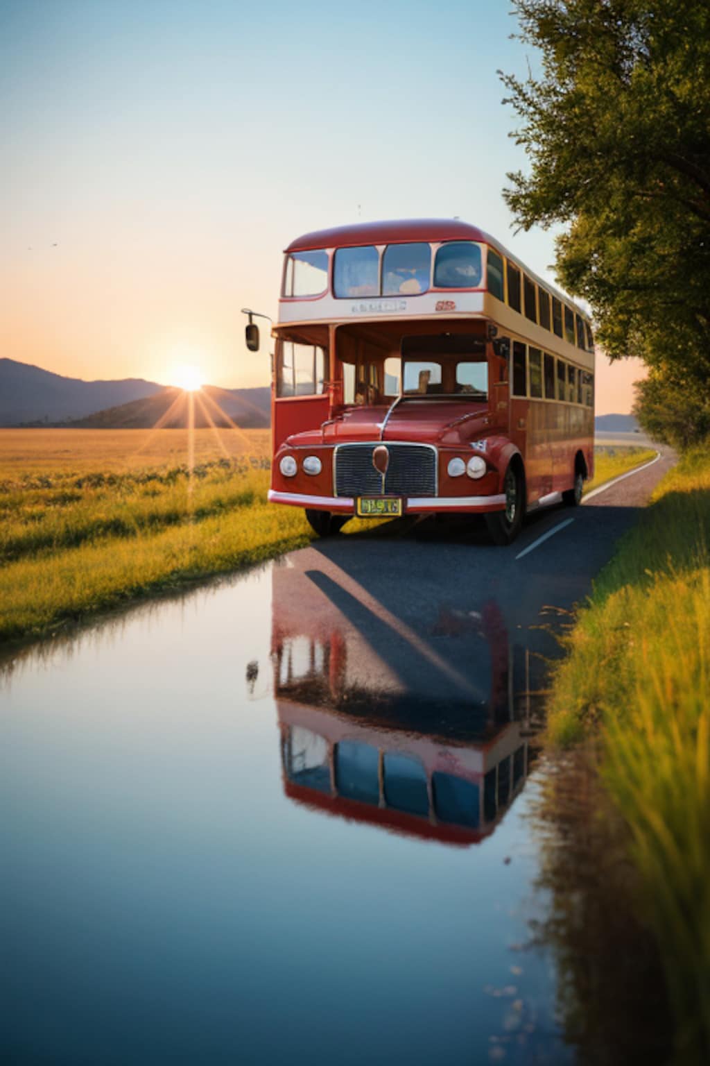 雨上がりの朝焼けとバス