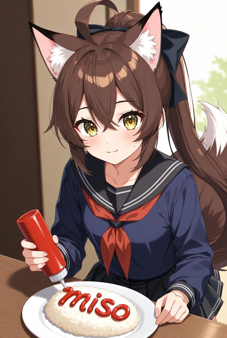 うっかり普通のごはんで卵焼きも乗っていないライスにケチャップで味噌と書いてしまう朝は忙しい系狐耳女子 | の人気AIイラスト・グラビア