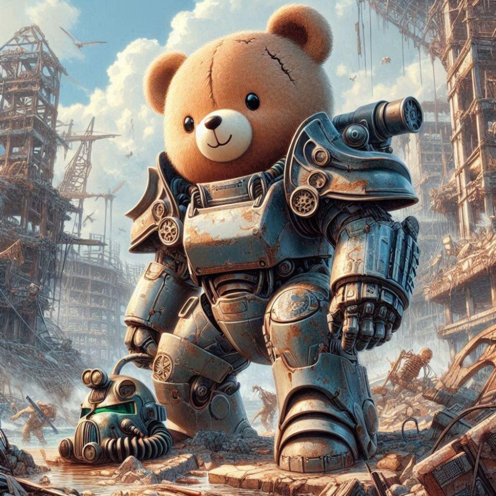 アニメ＆油絵風、SF世紀末、テディベア型軍用パワーアーマーを着たヒグマが廃墟探索