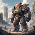 アニメ＆油絵風、SF世紀末、テディベア型軍用パワーアーマーを着たヒグマが廃墟探索 6枚目