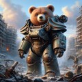 アニメ＆油絵風、SF世紀末、テディベア型軍用パワーアーマーを着たヒグマが廃墟探索 4枚目
