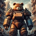 アニメ＆油絵風、SF世紀末、テディベア型軍用パワーアーマーを着たヒグマが廃墟探索 7枚目