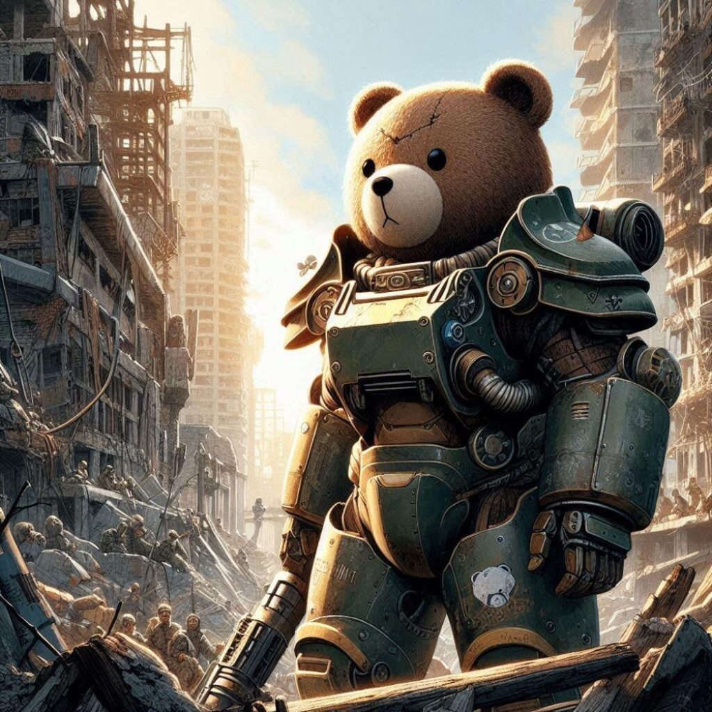 アニメ＆油絵風、SF世紀末、テディベア型軍用パワーアーマーを着たヒグマが廃墟探索