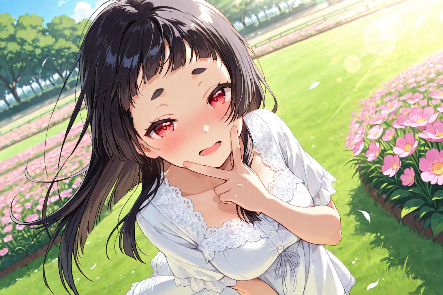恥ずかしがりながらもピースする姫カットちゃん